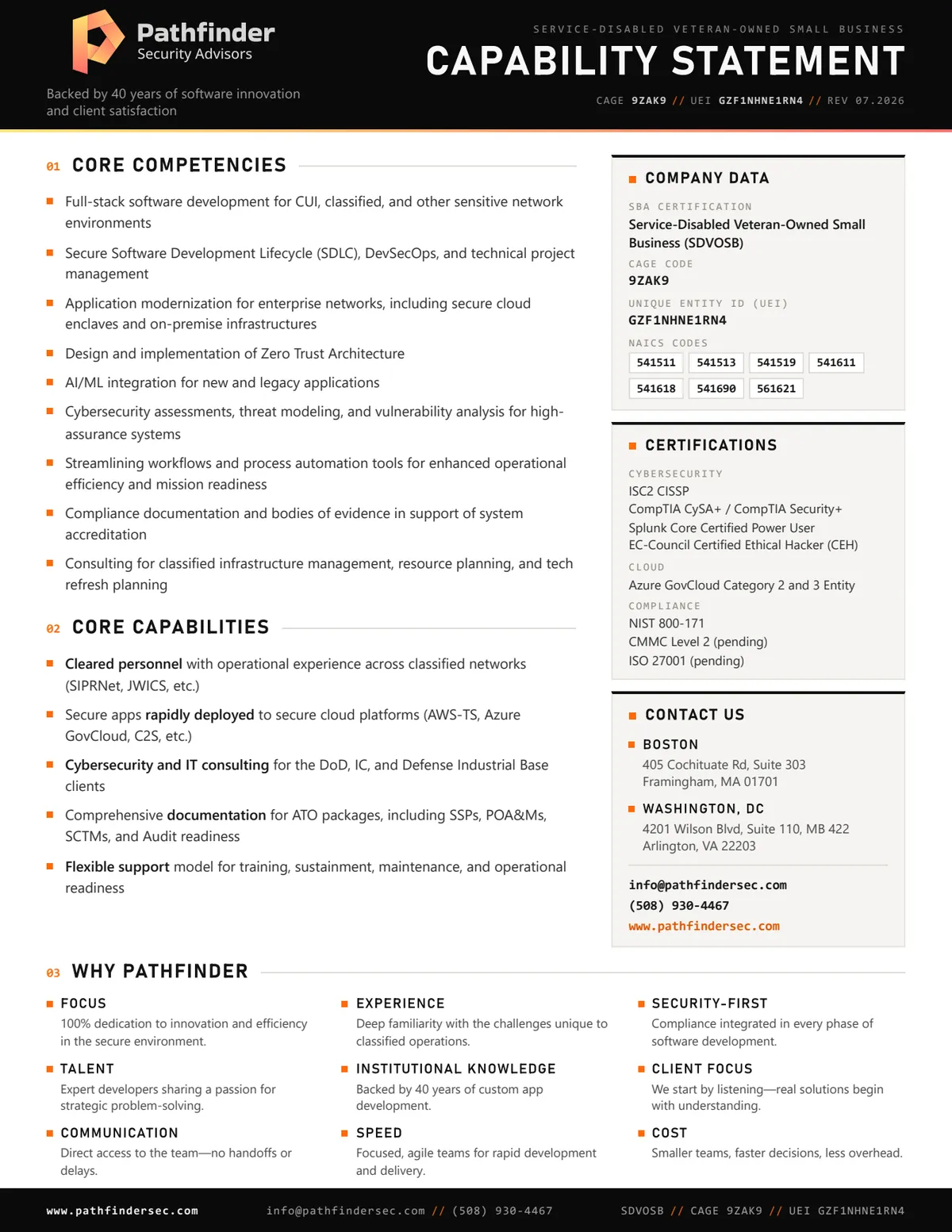 First page of the Pathfinder Security Advisors capability statement