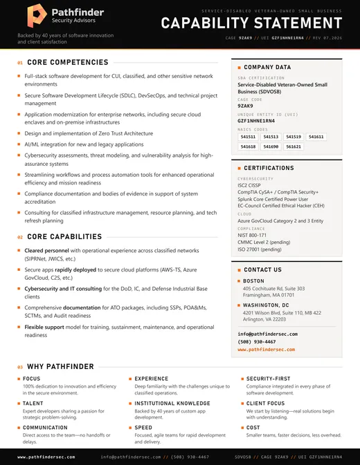 First page of the Pathfinder Security Advisors capability statement